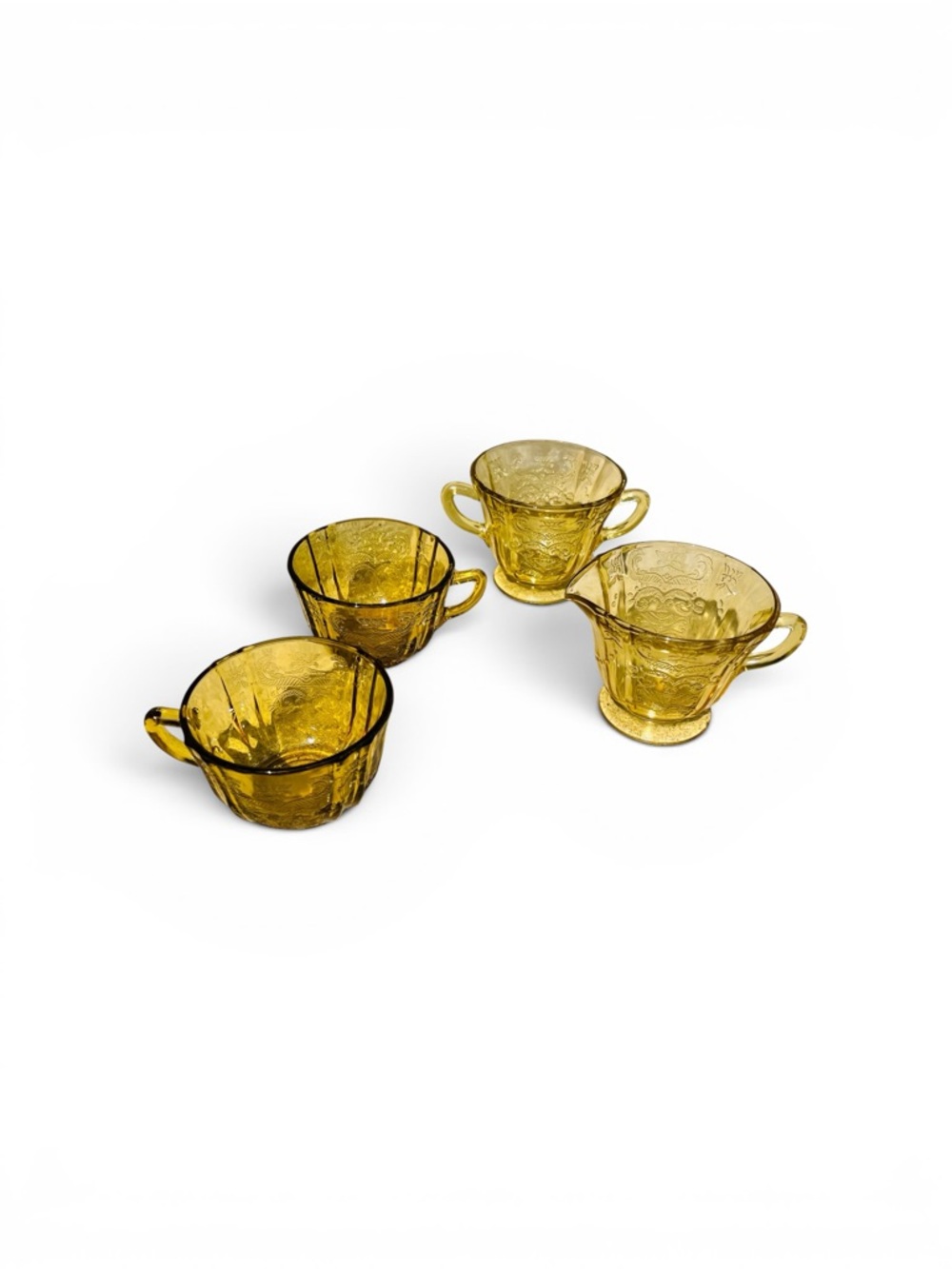 Federal Glass Madrid - 2 tea cups, sugar, and creamer - Amber, 1930s